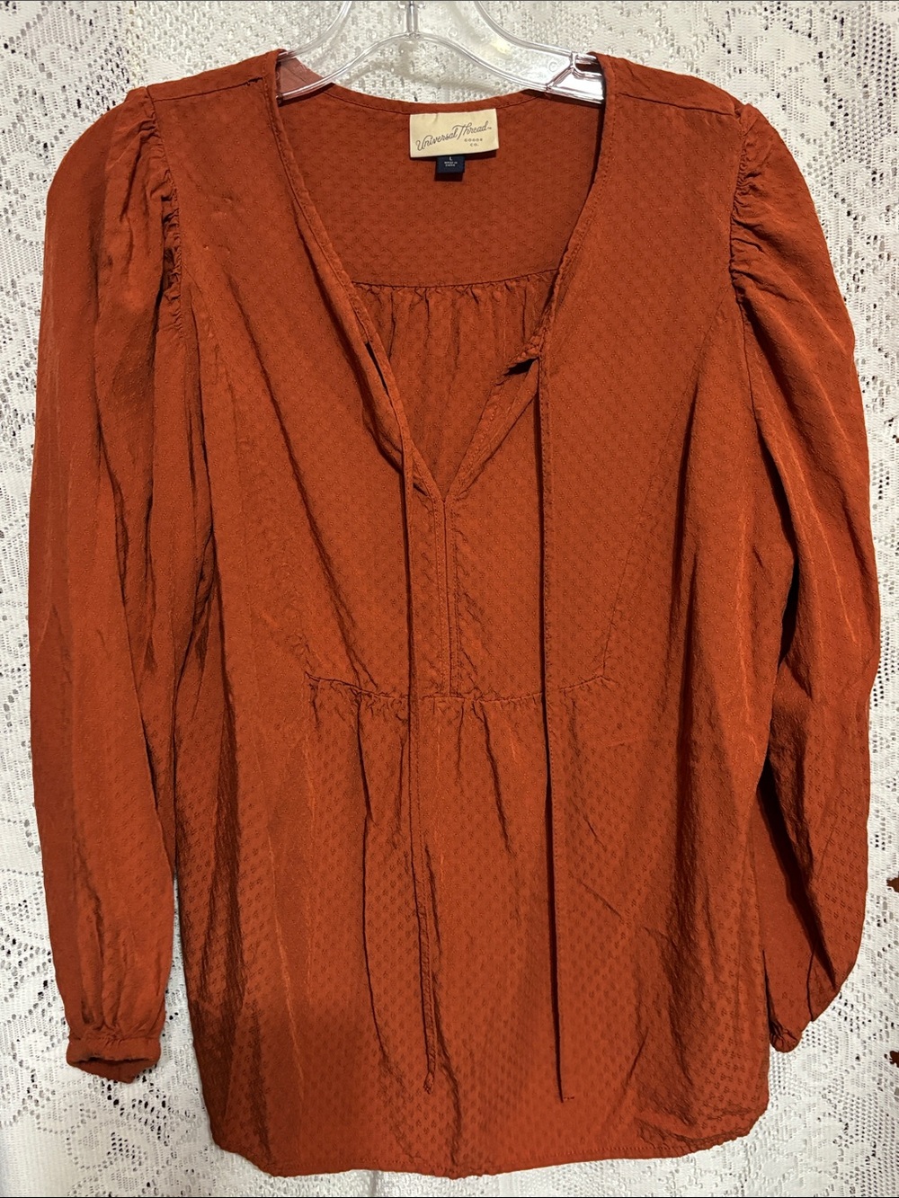 Universal Thread Women's Rust V-Neck Tie-Front Peasant Blouse Size L
